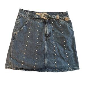 Rock & Roll Denim Western Mini Skirt Womens Size 26" Dark Wash Studded Belted